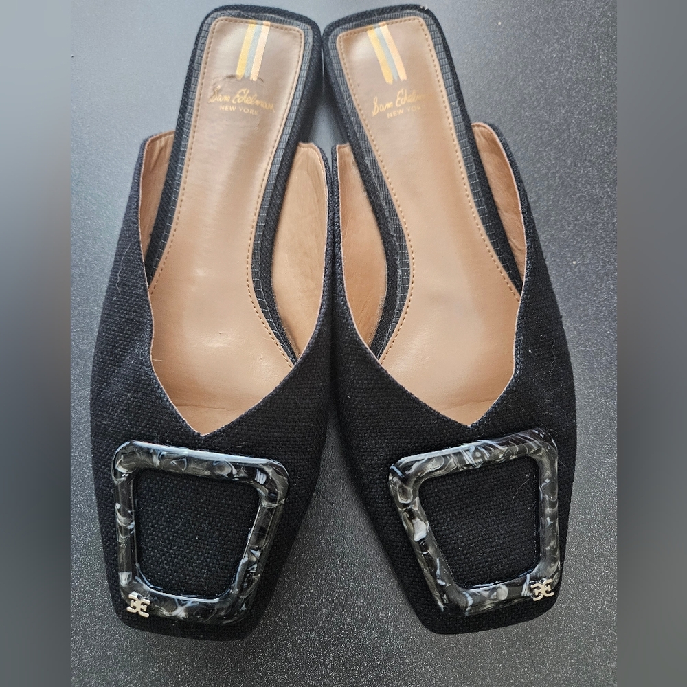 SAM EDELMAN LAVINA BLACK LINEN BUCKLE MULE, Sz 9